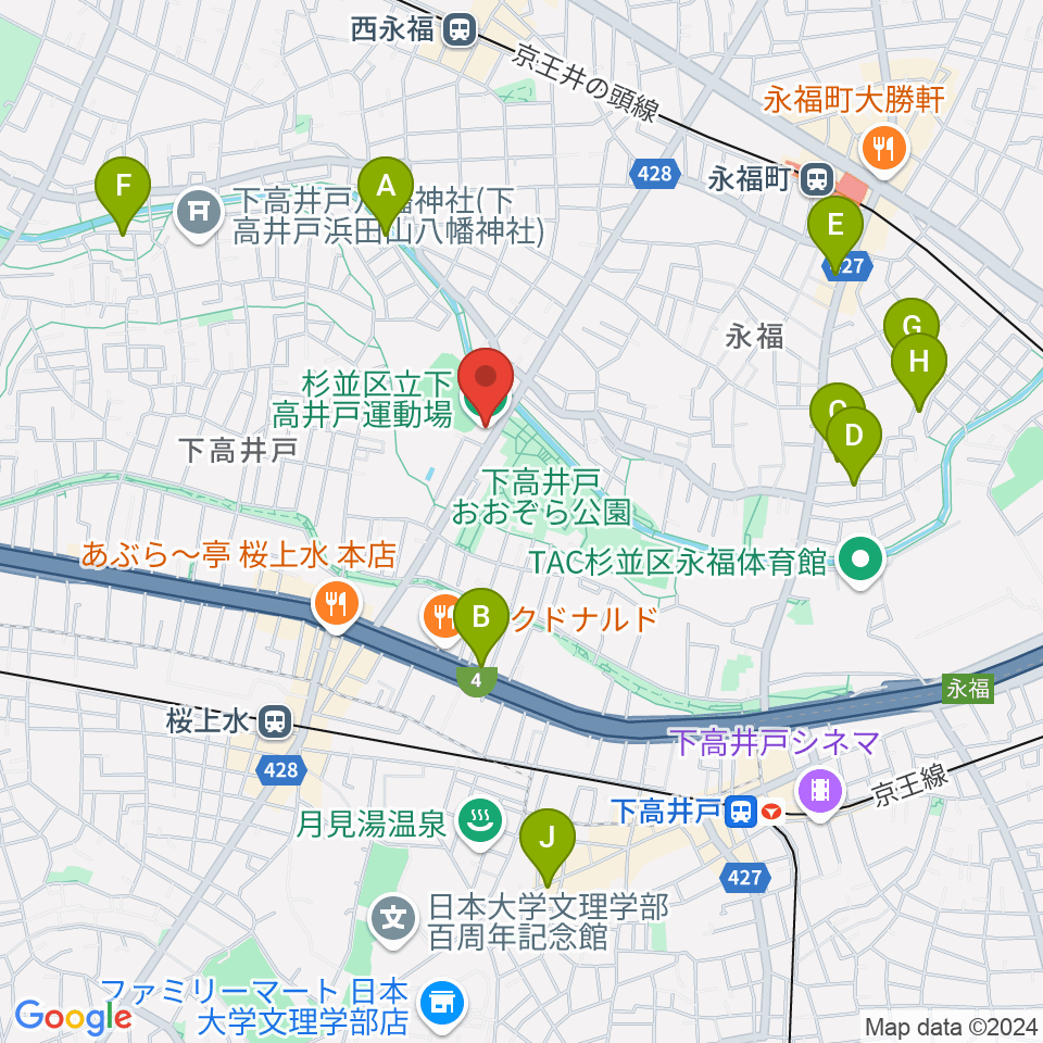 杉並区下高井戸運動場周辺のホテル一覧地図