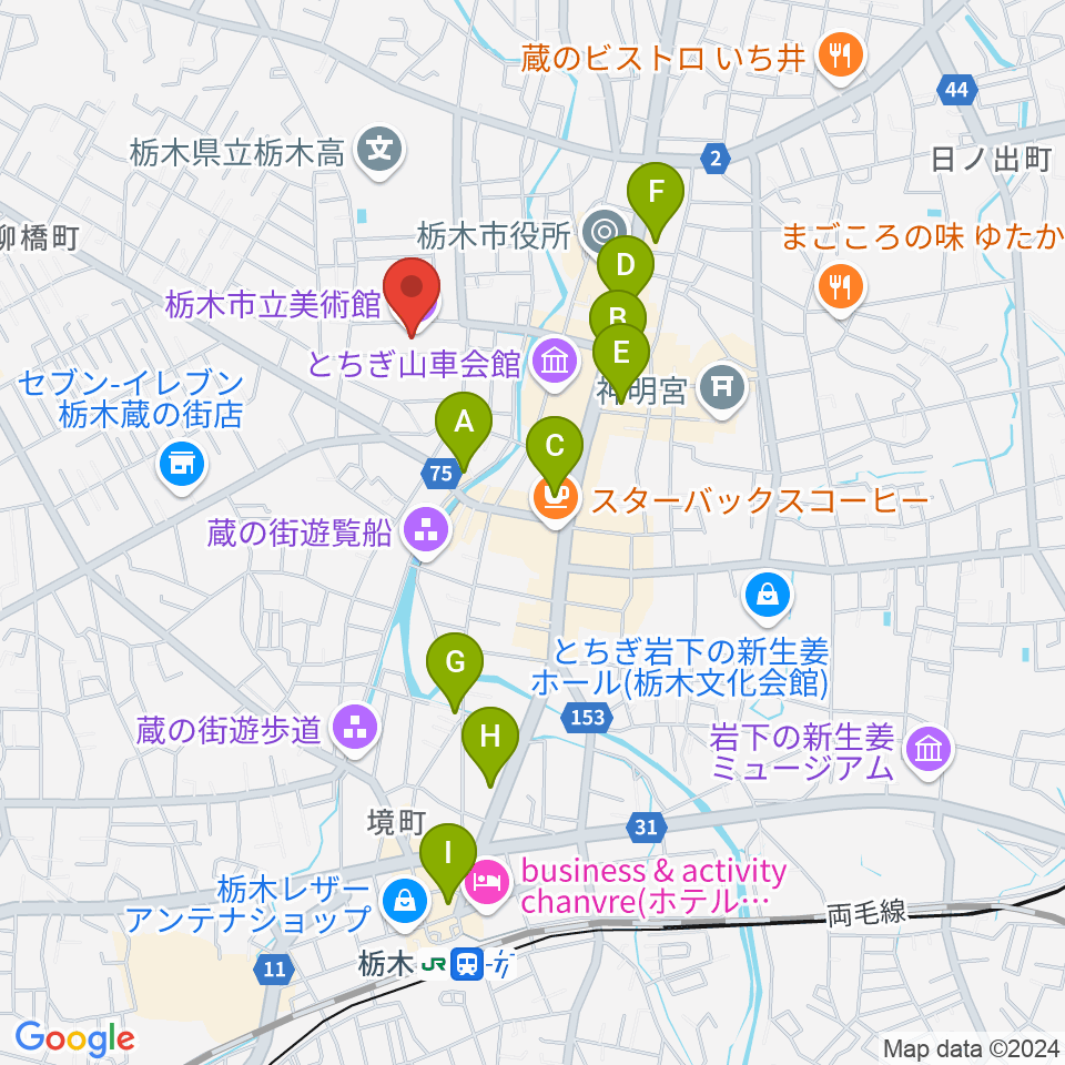 栃木市立美術館周辺のホテル一覧地図