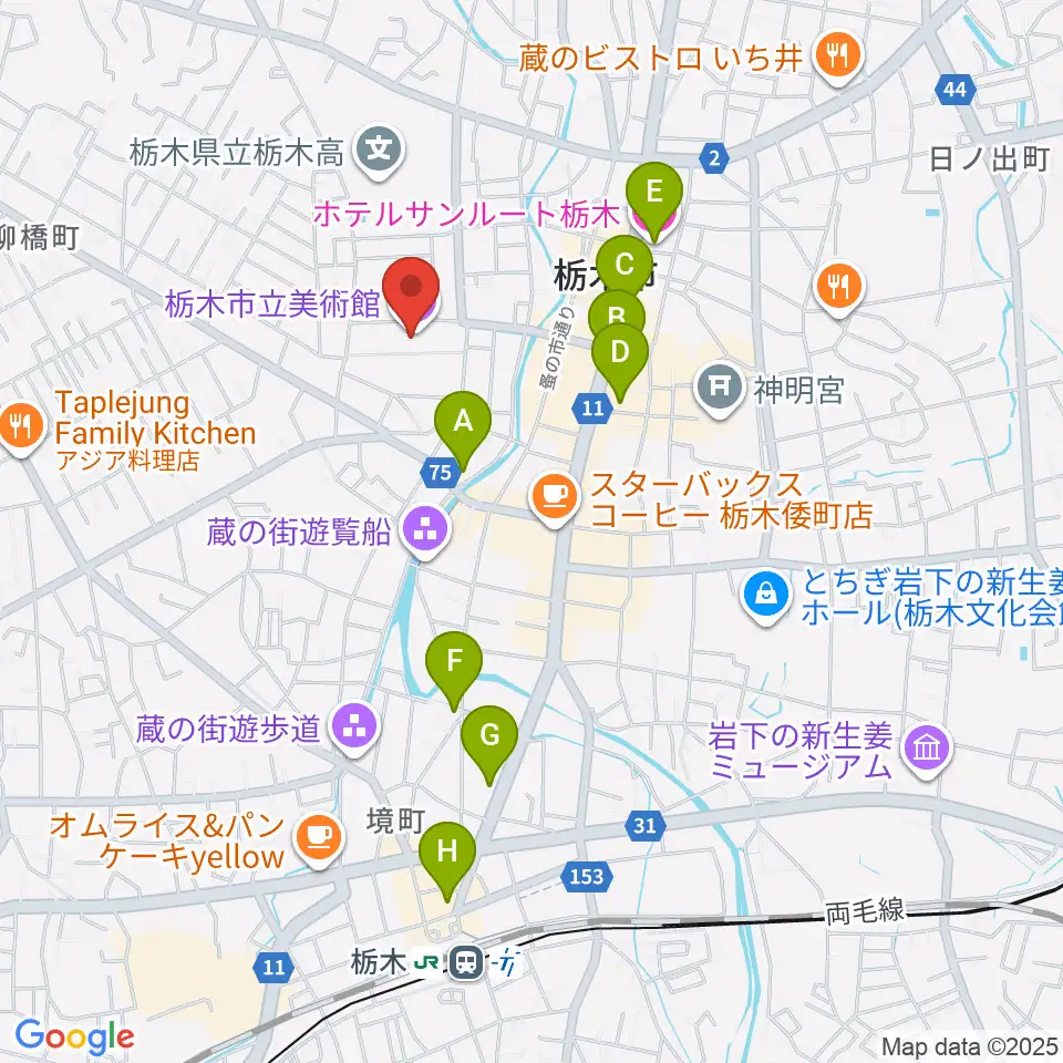 栃木市立美術館周辺のホテル一覧地図