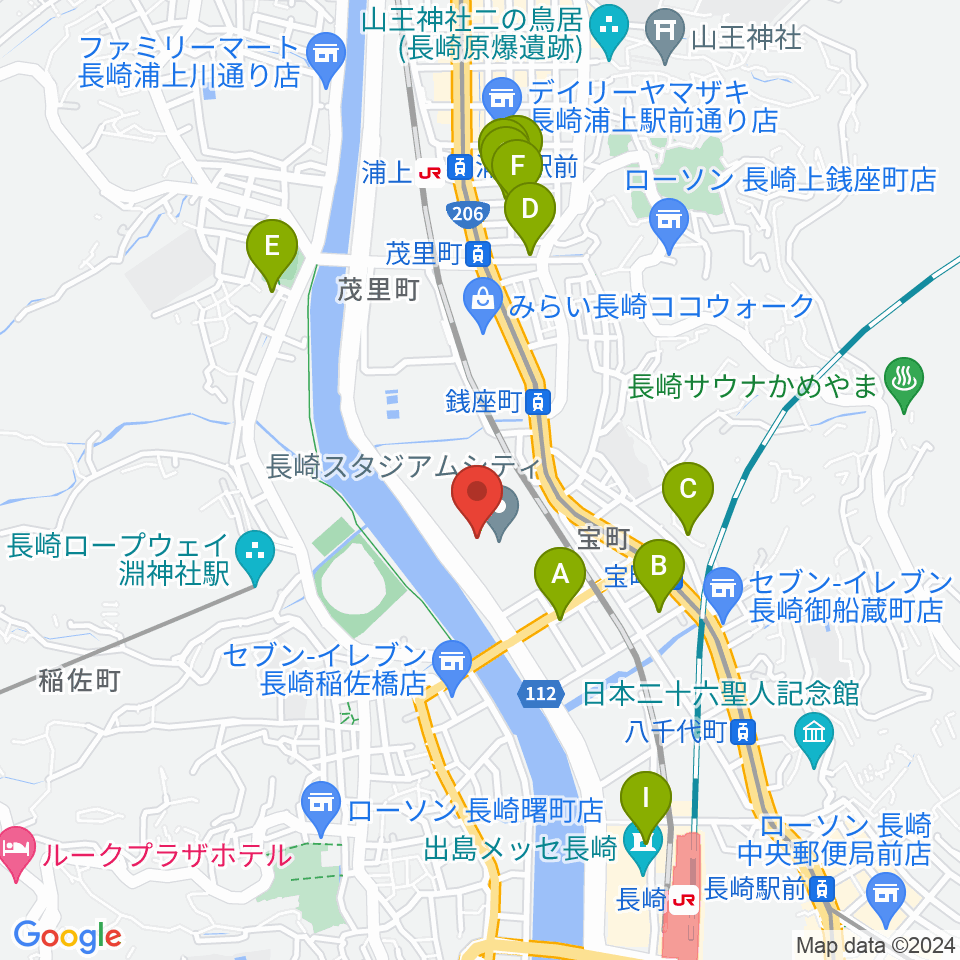 長崎ピーススタジアム周辺のホテル一覧地図
