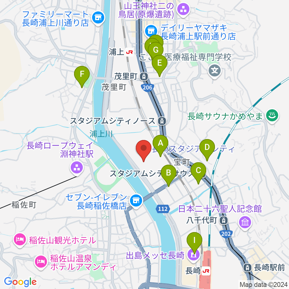 長崎ピーススタジアム周辺のホテル一覧地図