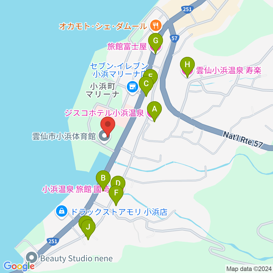 雲仙市小浜体育館周辺のホテル一覧地図