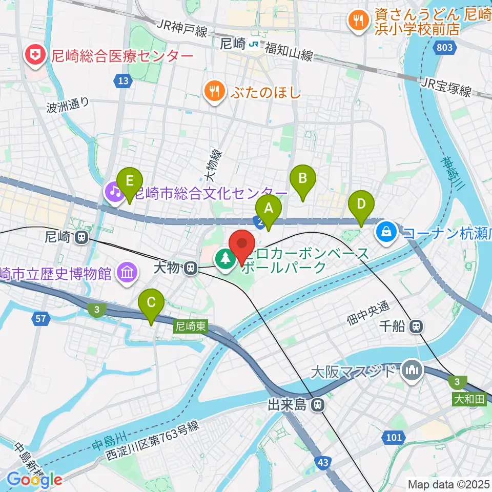 日鉄鋼板SGLスタジアム尼崎周辺のホテル一覧地図
