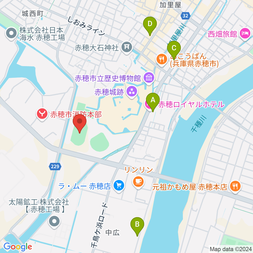 赤穂城南緑地陸上競技場周辺のホテル一覧地図