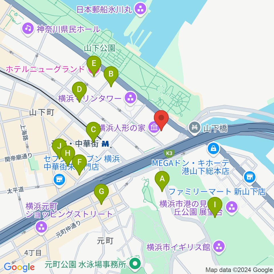 横浜人形の家周辺のホテル一覧地図