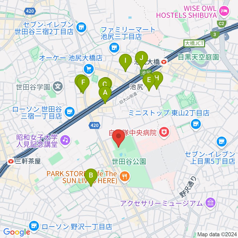 世田谷公園軟式野球場周辺のホテル一覧地図