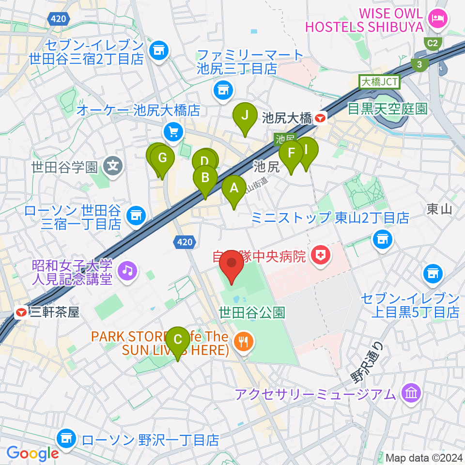 世田谷公園軟式野球場周辺のホテル一覧地図