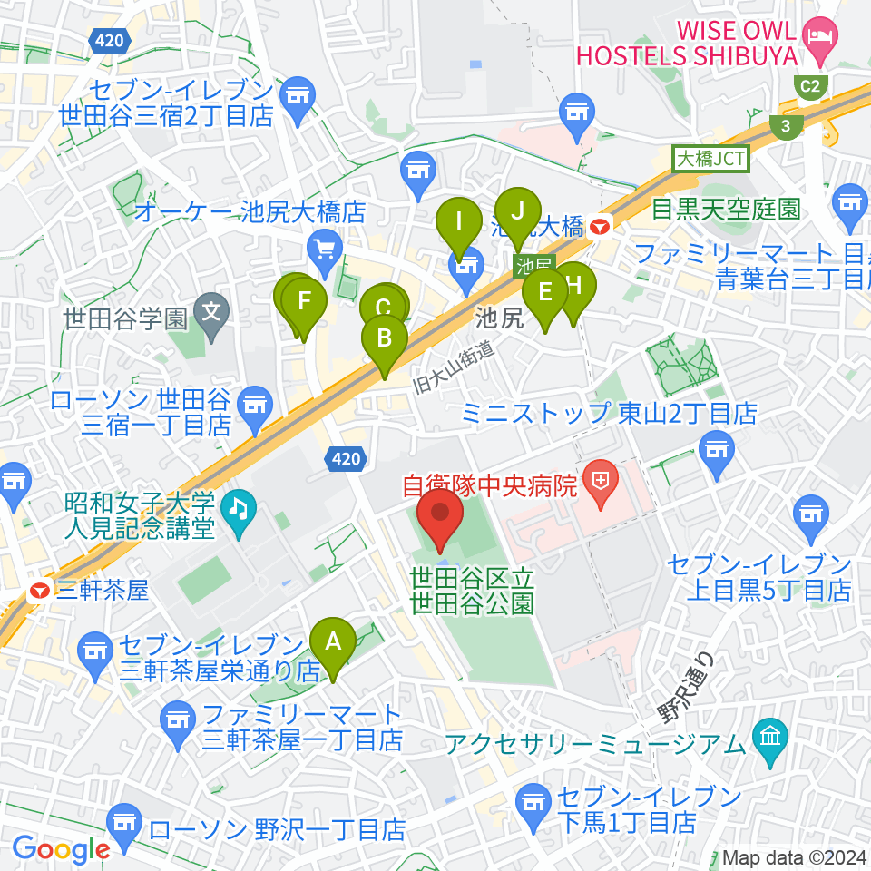 せたがや未来の平和館周辺のホテル一覧地図