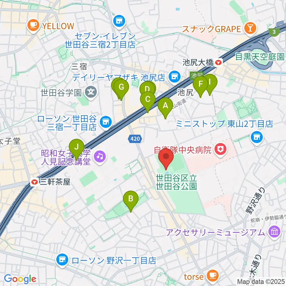 せたがや未来の平和館周辺のホテル一覧地図