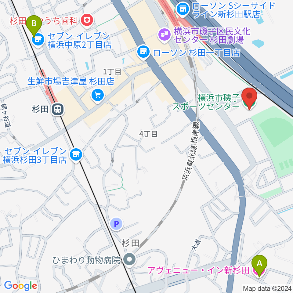 横浜市磯子スポーツセンター周辺のホテル一覧地図