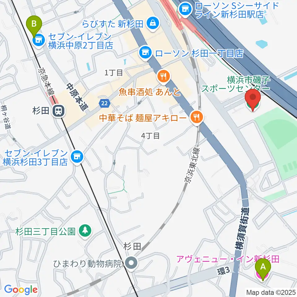 横浜市磯子スポーツセンター周辺のホテル一覧地図