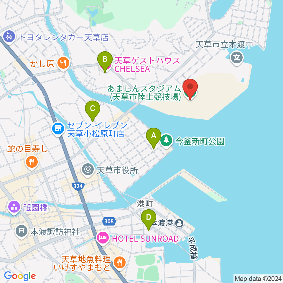 あましんスタジアム 天草市陸上競技場周辺のホテル一覧地図