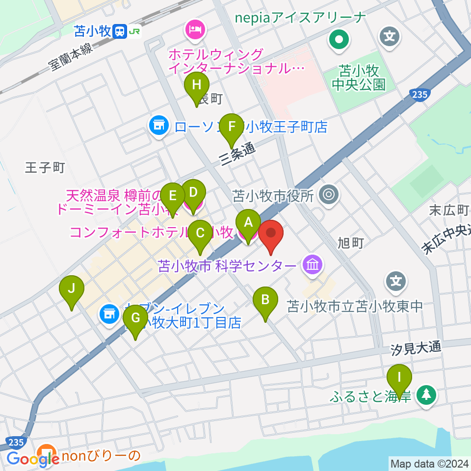 苫小牧市民文化ホール周辺のホテル一覧地図