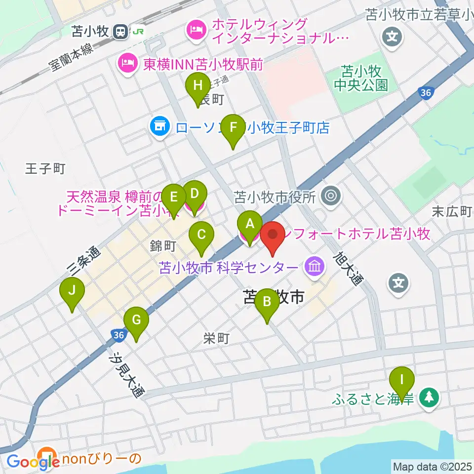 苫小牧市民文化ホール周辺のホテル一覧地図