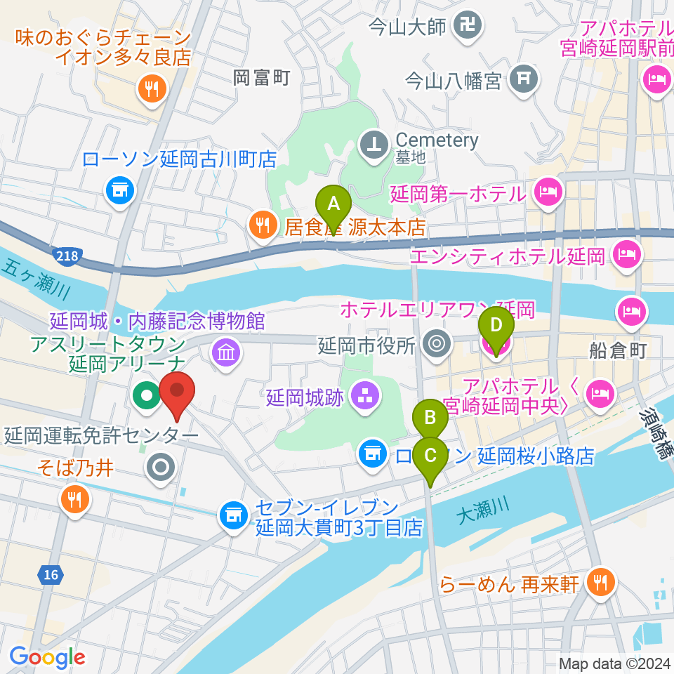 アスリートタウン延岡アリーナ周辺のホテル一覧地図