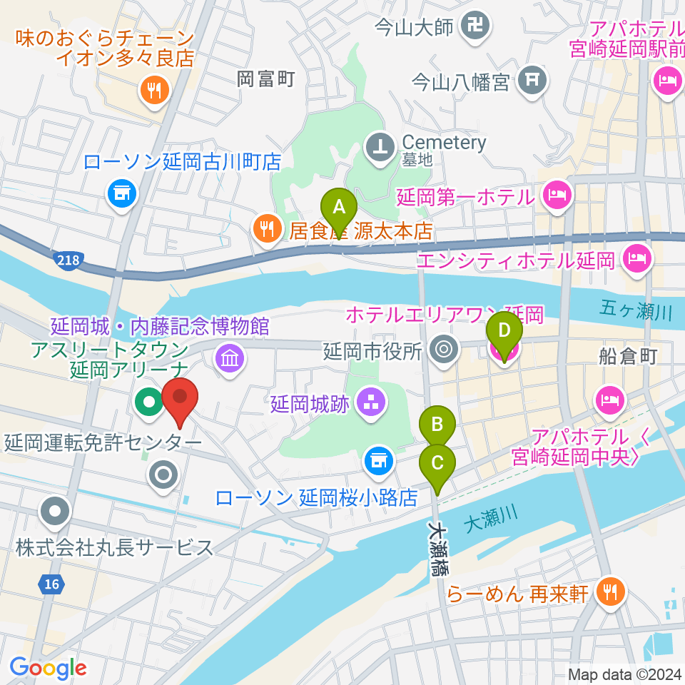 アスリートタウン延岡アリーナ周辺のホテル一覧地図