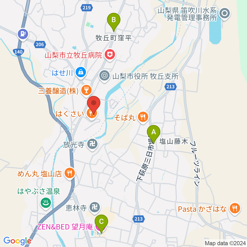 山梨市花かげホール周辺のホテル一覧地図