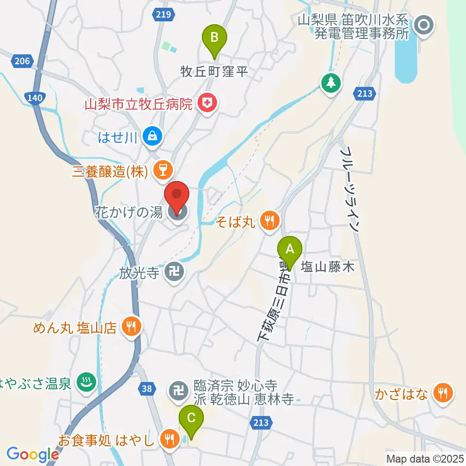 山梨市花かげホール周辺のホテル一覧地図