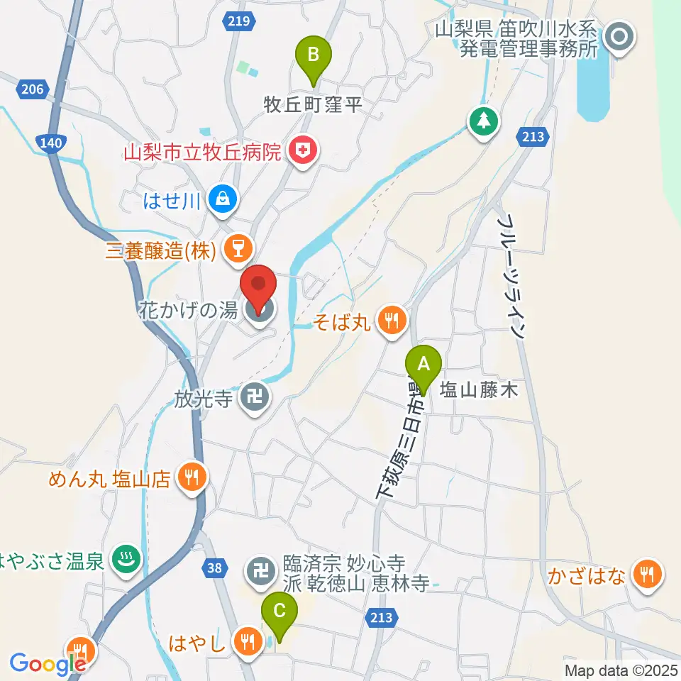 山梨市花かげホール周辺のホテル一覧地図