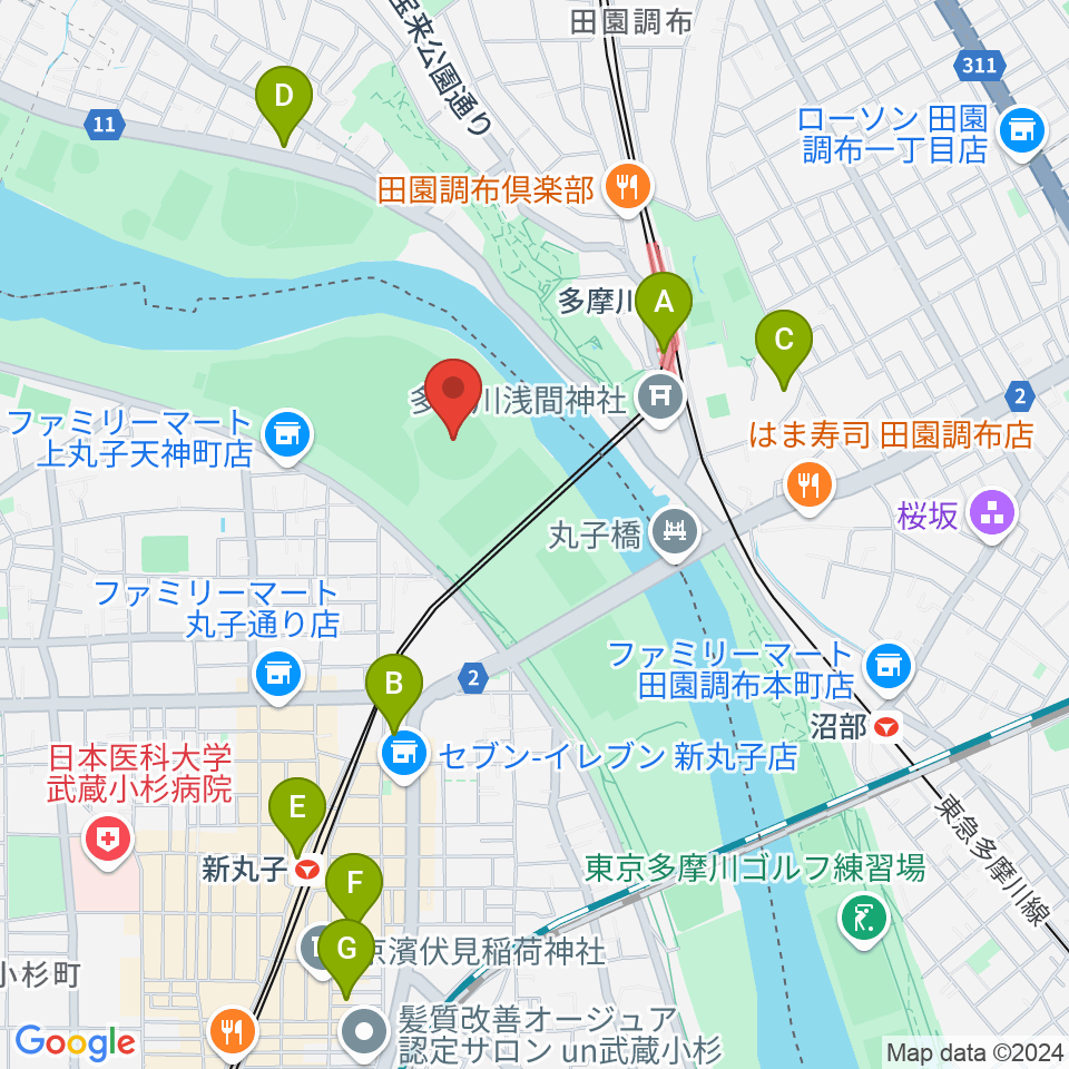 多摩川丸子橋硬式野球場周辺のホテル一覧地図