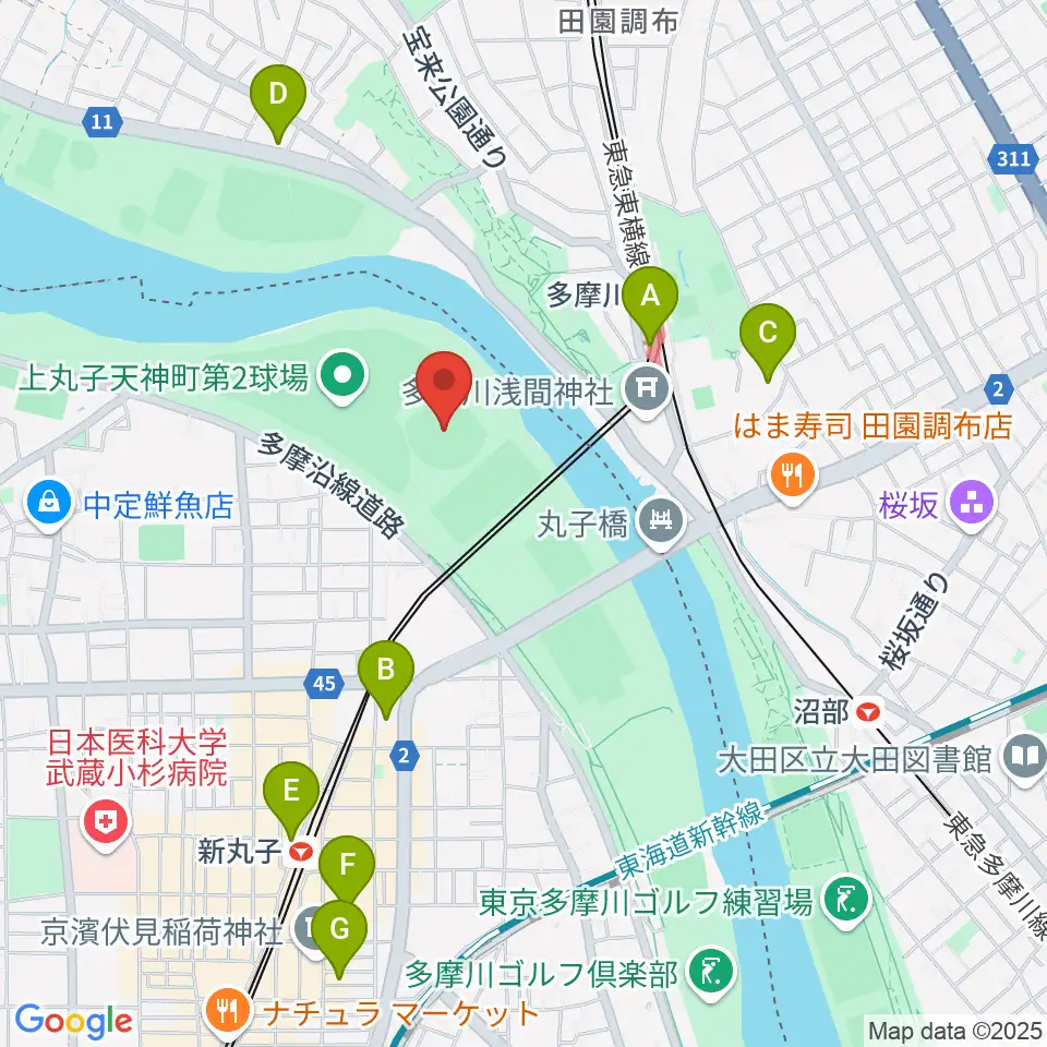 多摩川丸子橋硬式野球場周辺のホテル一覧地図