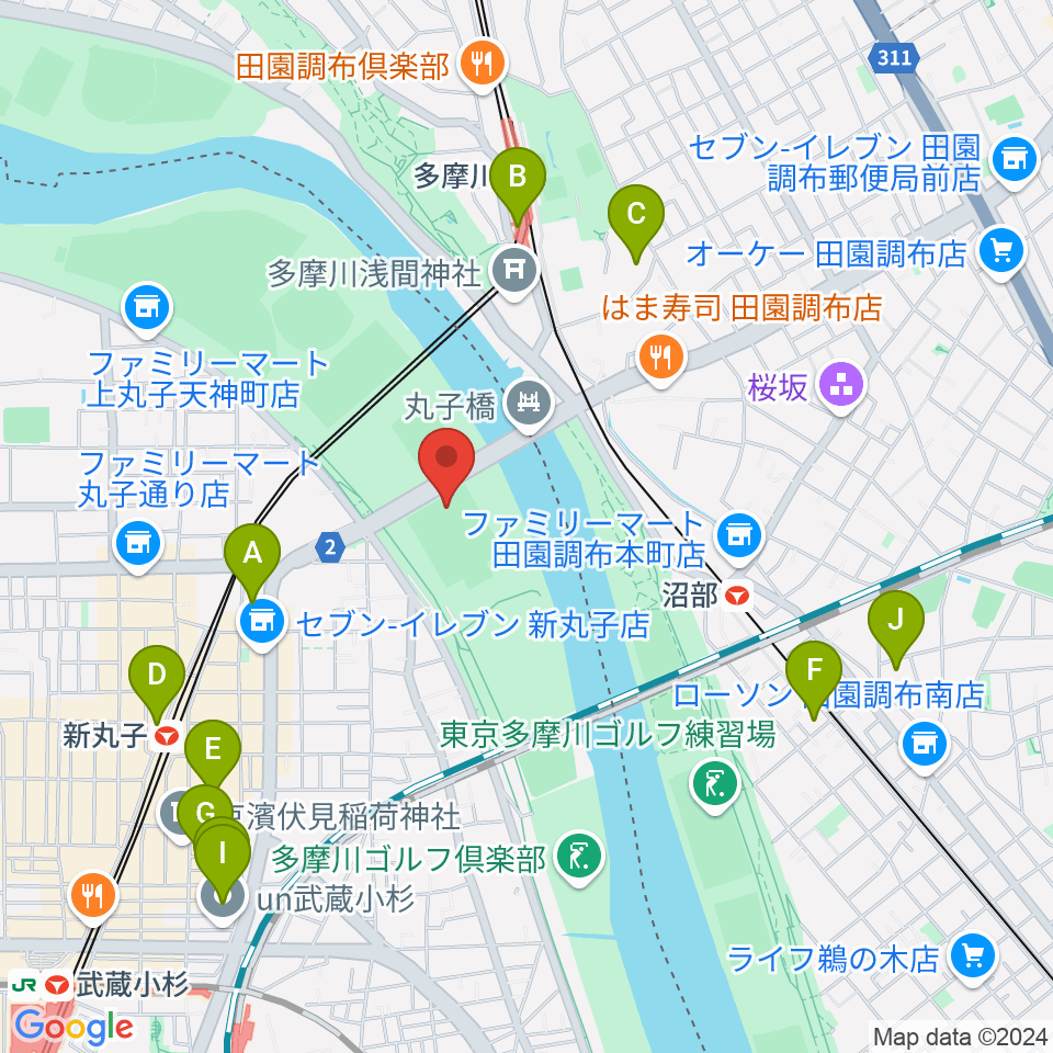 丸子橋運動場周辺のホテル一覧地図