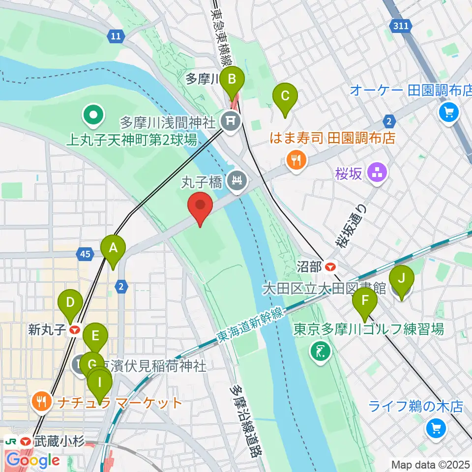 丸子橋運動場周辺のホテル一覧地図