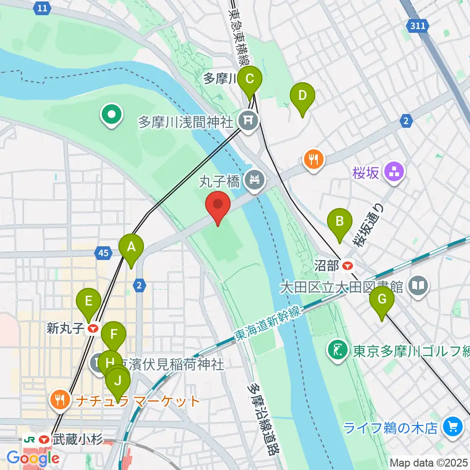 丸子橋運動場周辺のホテル一覧地図