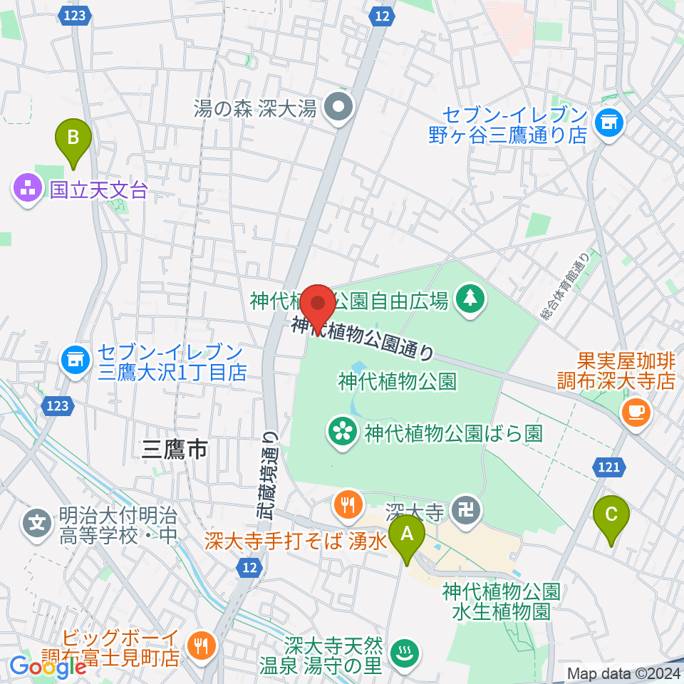 神代植物公園周辺のホテル一覧地図