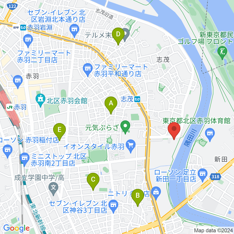 赤羽体育館周辺のホテル一覧地図