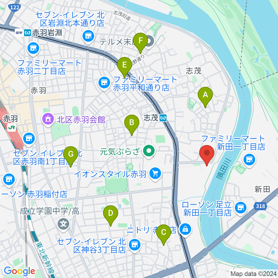 赤羽体育館周辺のホテル一覧地図