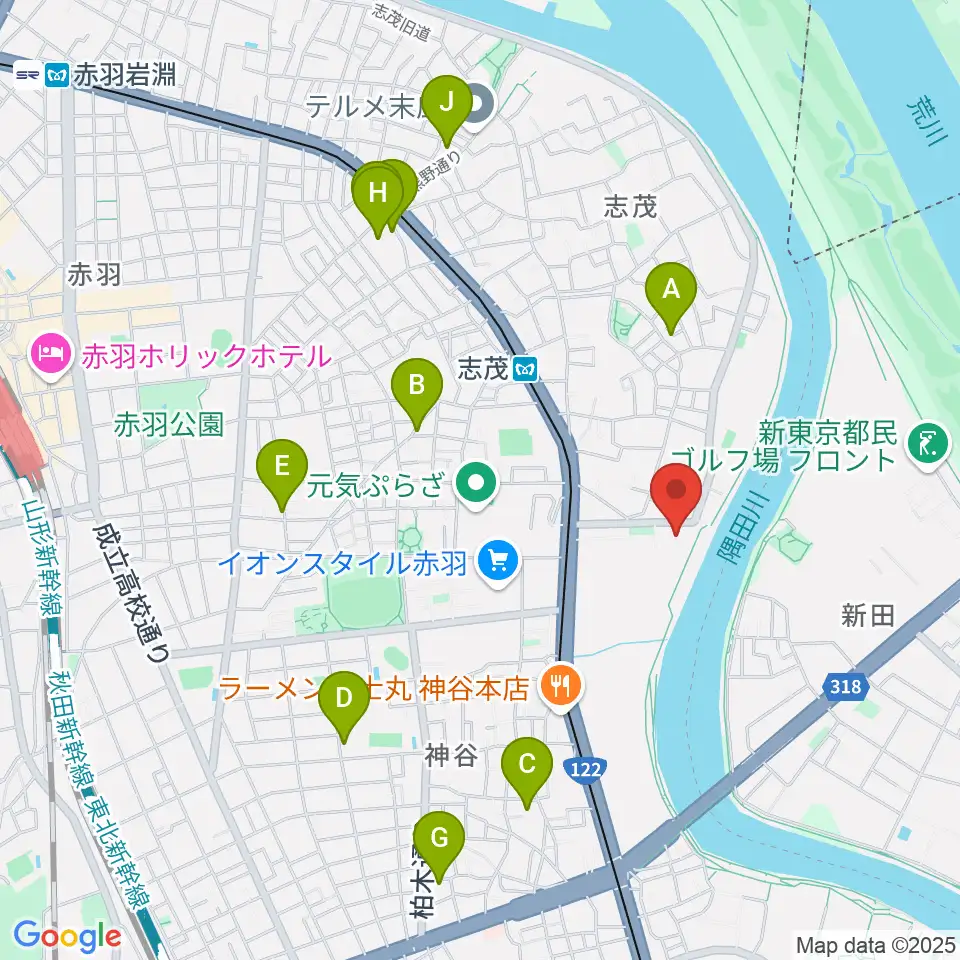 赤羽体育館周辺のホテル一覧地図