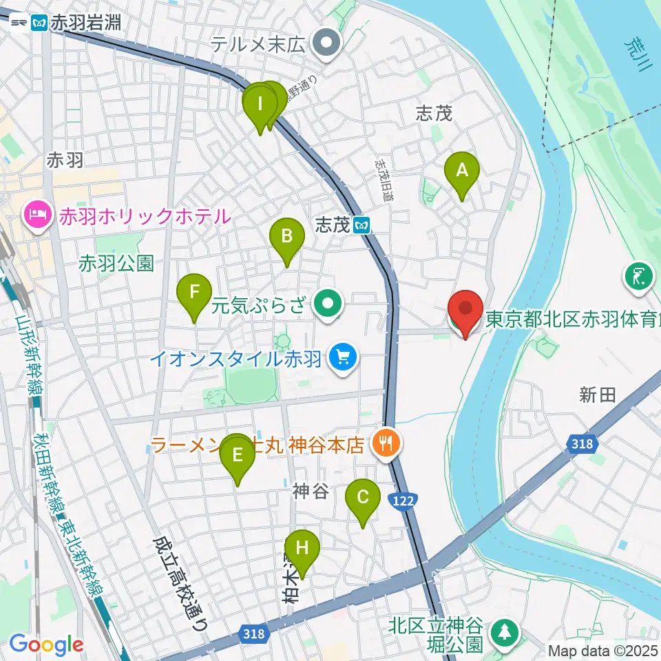 赤羽体育館周辺のホテル一覧地図