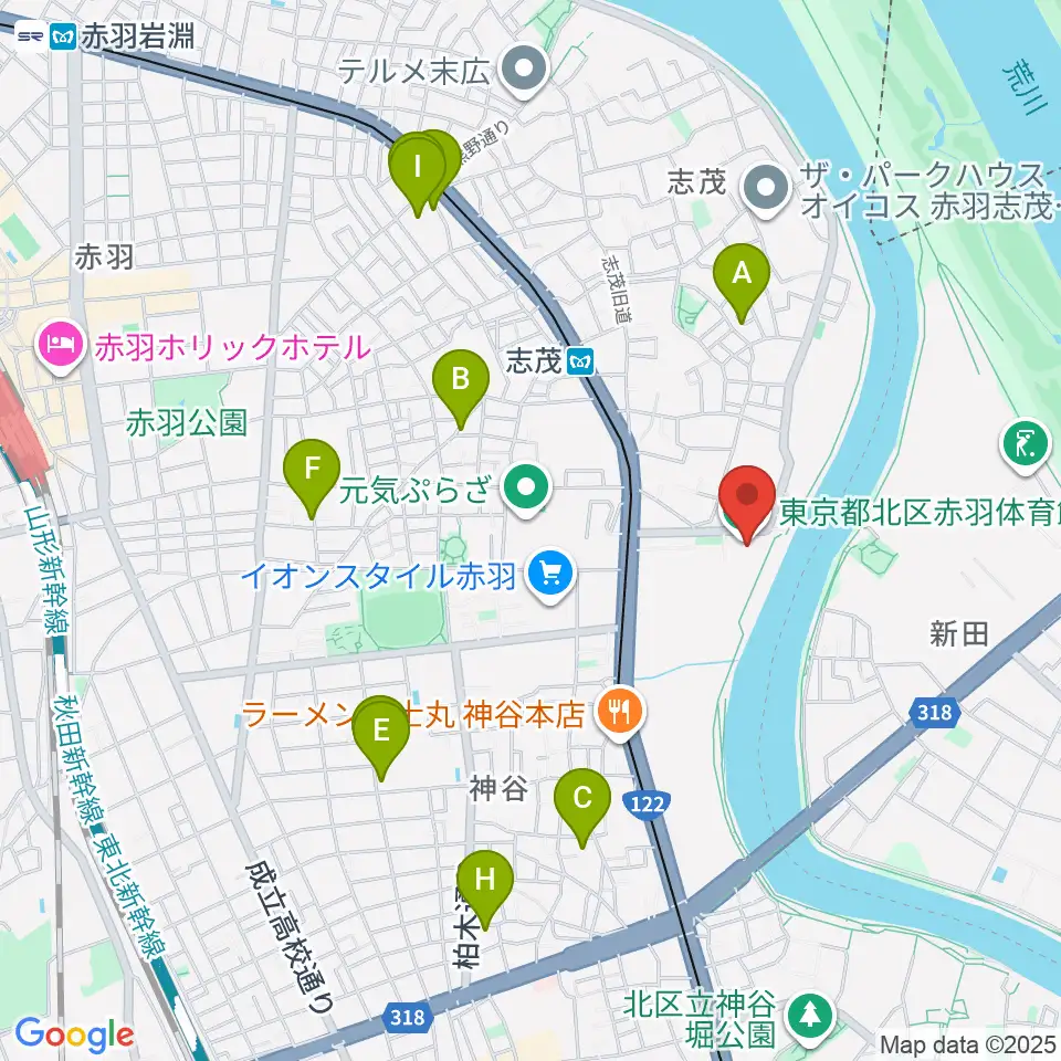 赤羽体育館周辺のホテル一覧地図