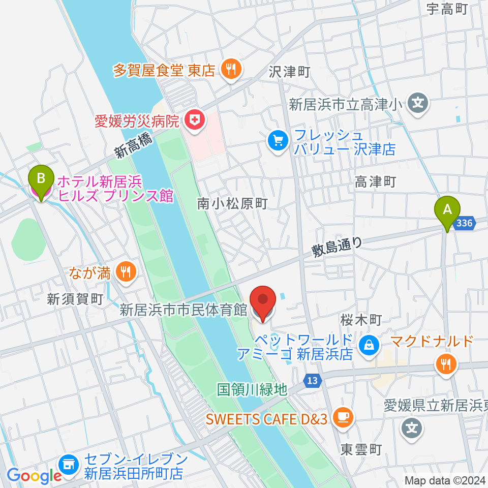 新居浜市市民体育館周辺のホテル一覧地図