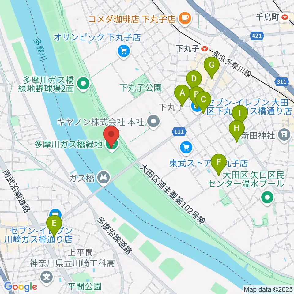 多摩川ガス橋緑地球技場周辺のホテル一覧地図