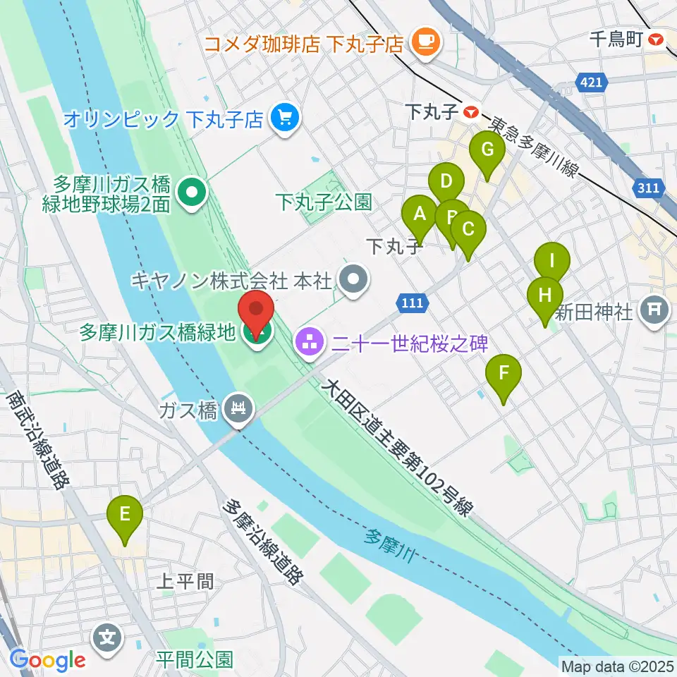 多摩川ガス橋緑地球技場周辺のホテル一覧地図