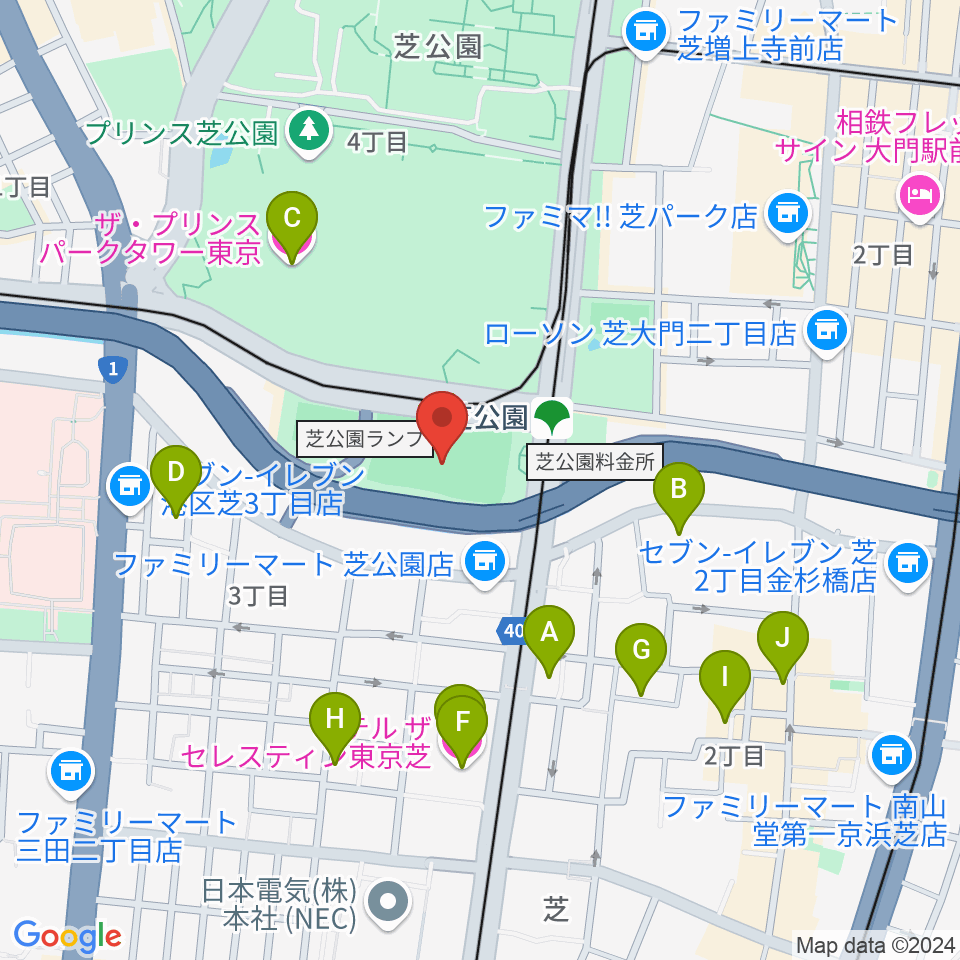 芝公園野球場周辺のホテル一覧地図