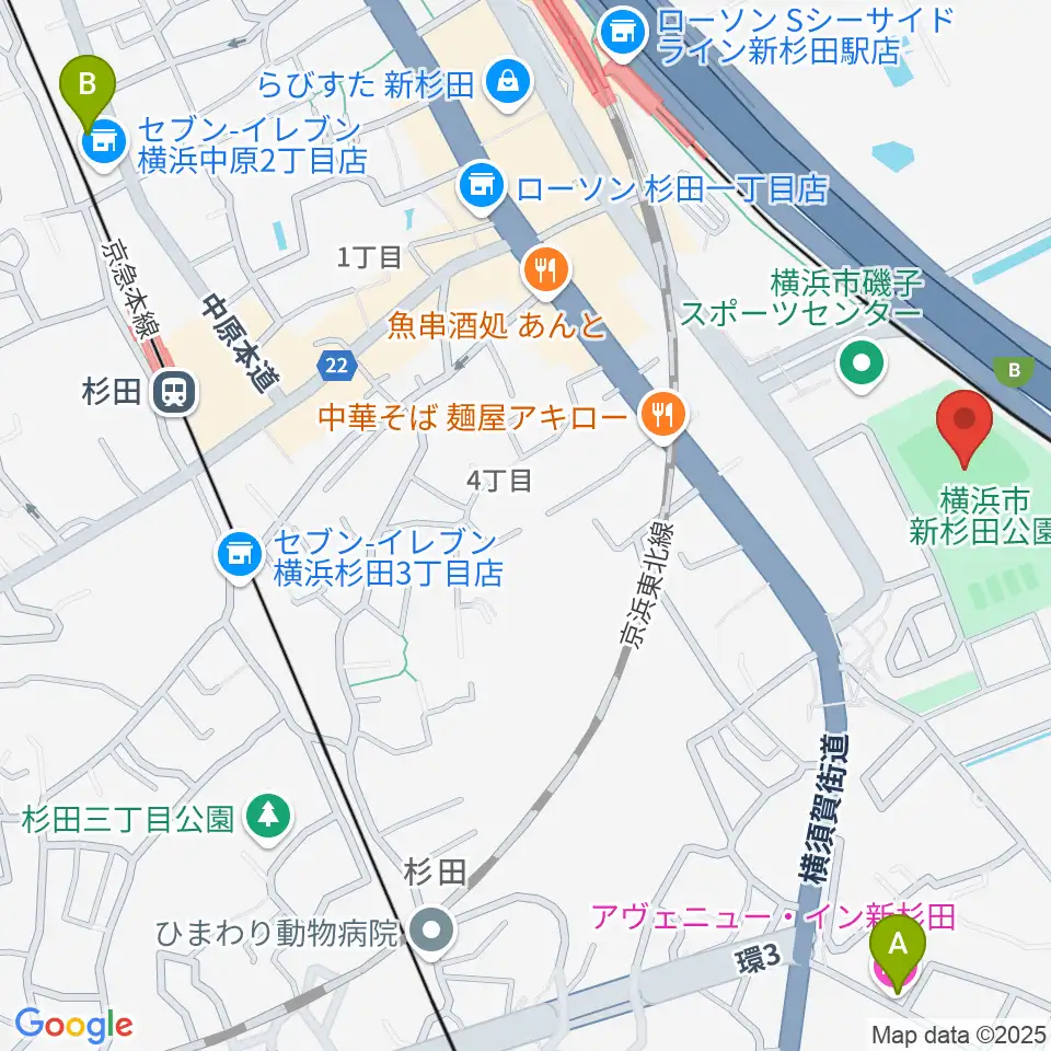 新杉田公園野球場周辺のホテル一覧地図