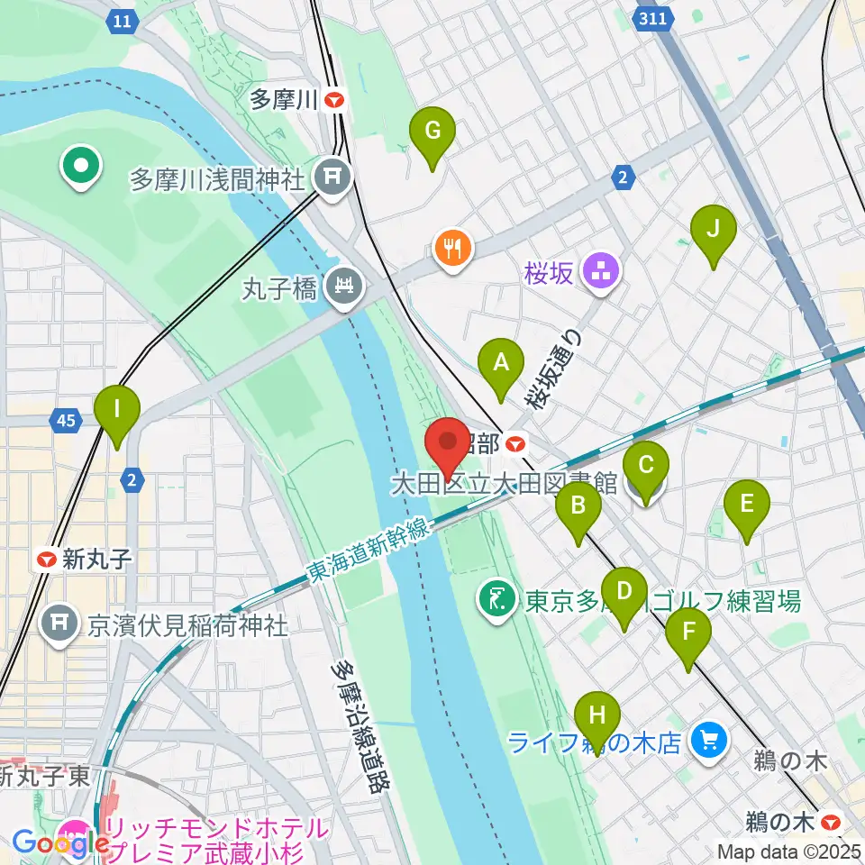 多摩川丸子橋緑地少年野球場周辺のホテル一覧地図