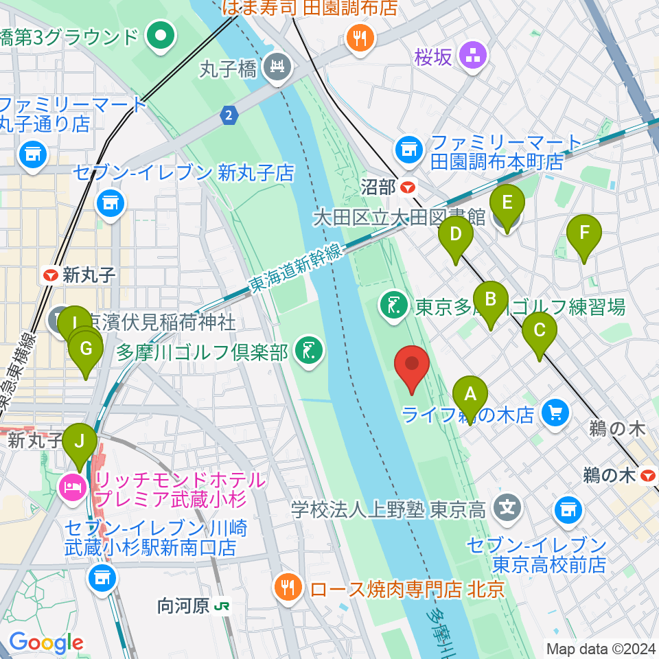 鵜の木緑地球技場周辺のホテル一覧地図