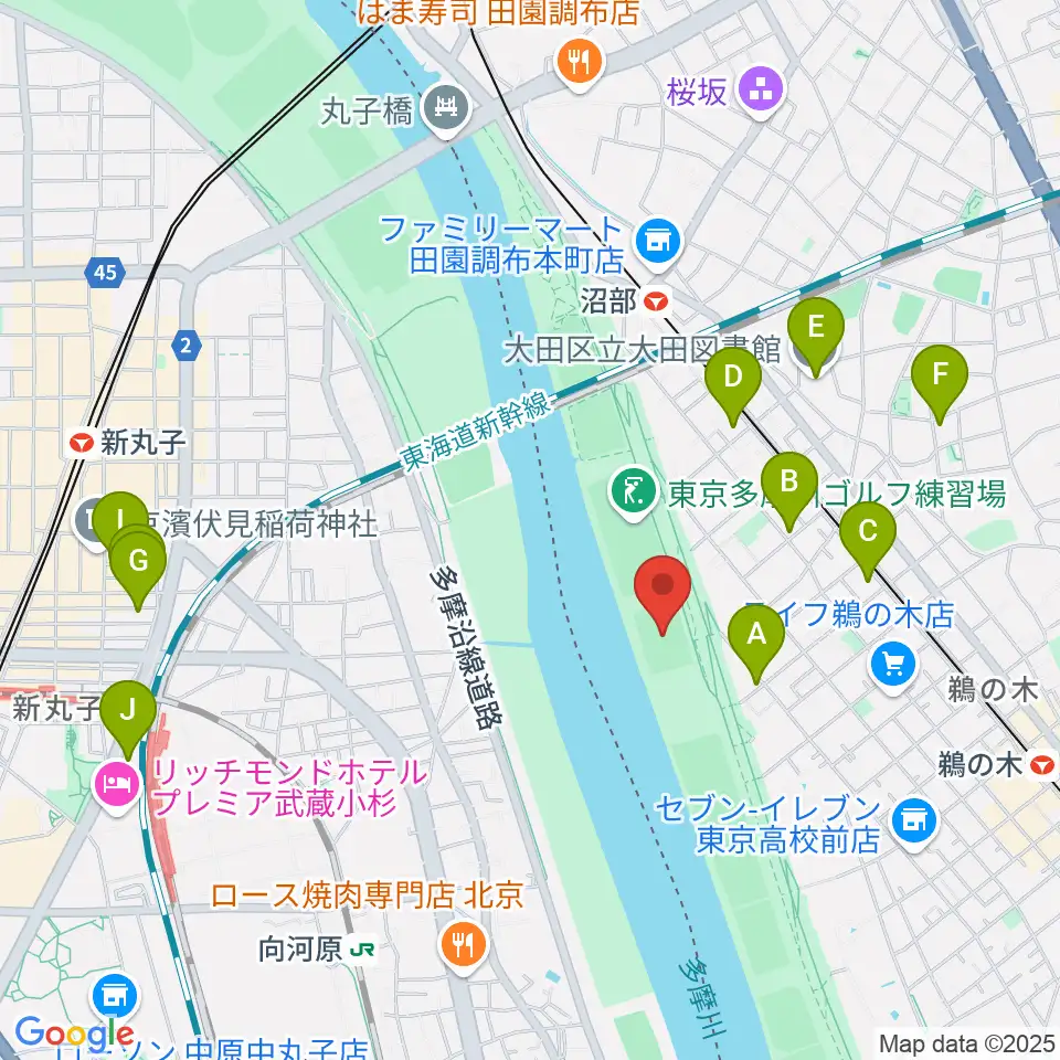 鵜の木緑地球技場周辺のホテル一覧地図
