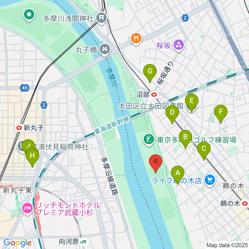 鵜の木緑地球技場周辺のホテル一覧地図