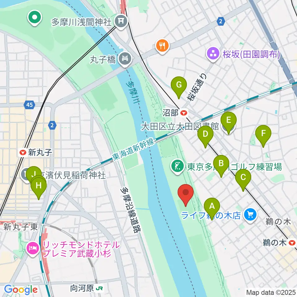 鵜の木緑地球技場周辺のホテル一覧地図