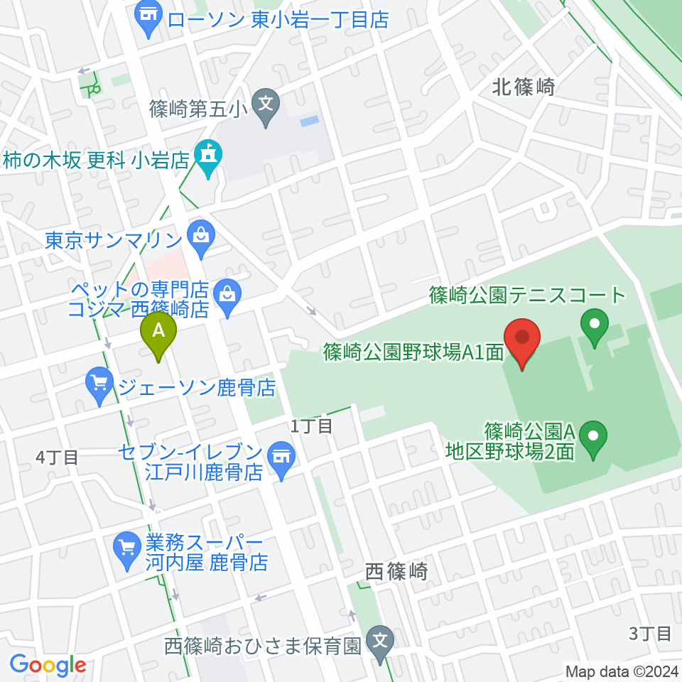 篠崎公園A地区野球場周辺のホテル一覧地図