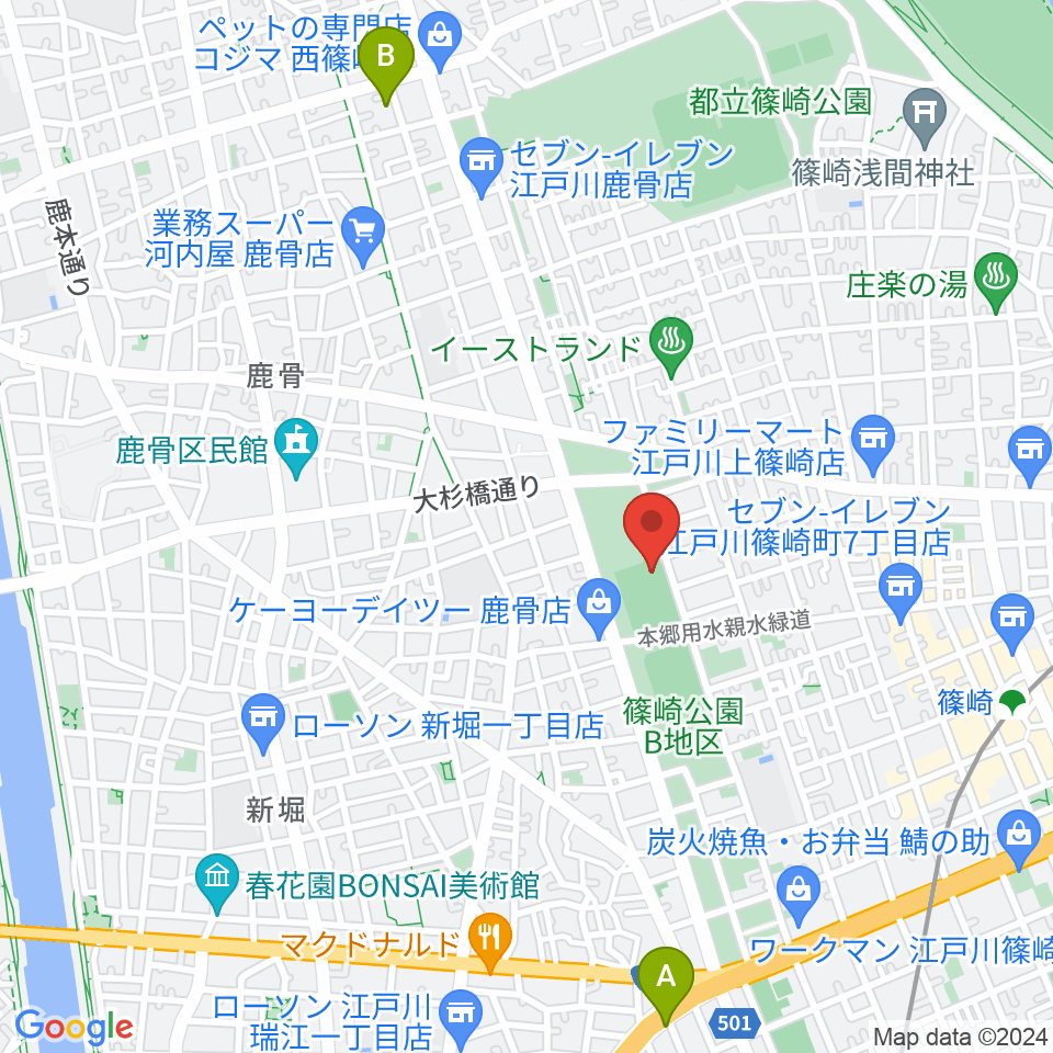 篠崎公園B地区鹿骨野球場周辺のホテル一覧地図