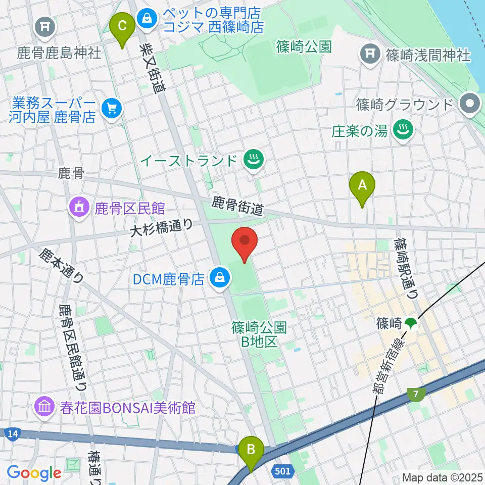 篠崎公園B地区鹿骨野球場周辺のホテル一覧地図