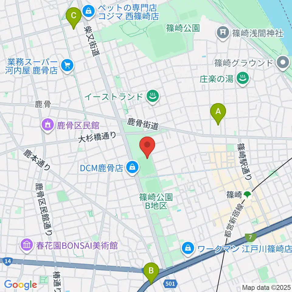篠崎公園B地区鹿骨野球場周辺のホテル一覧地図