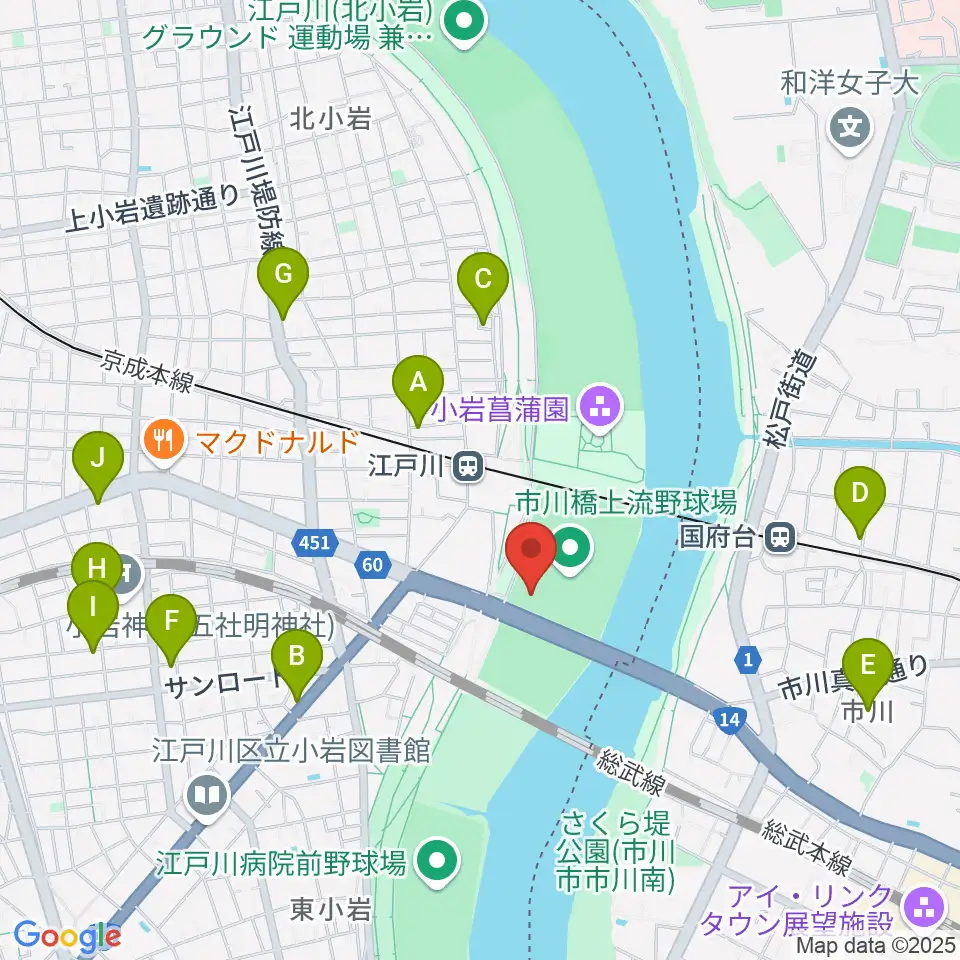 市川橋上流野球場周辺のホテル一覧地図