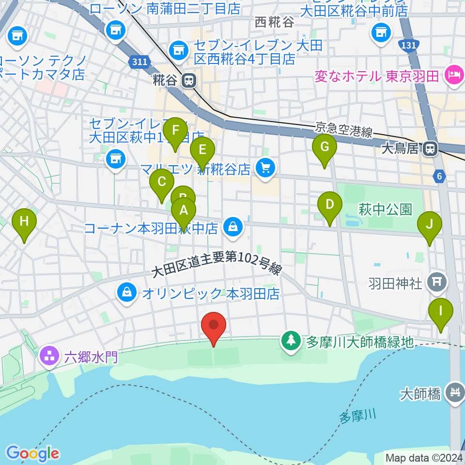 多摩川大師橋緑地野球場周辺のホテル一覧地図